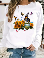 Butterfly & Sunflower Print Crew Neck Sweatshirt