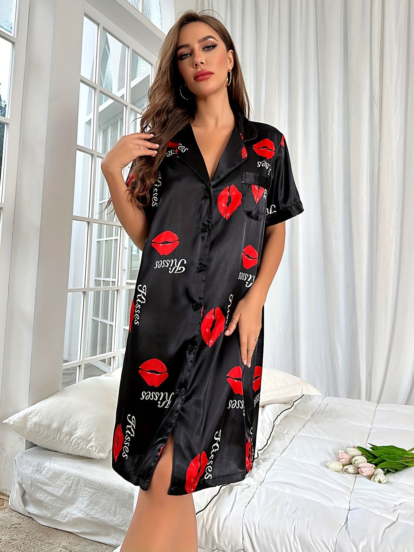 Red Lips Print Nightdress Short Sleeve Sleep Dress Women's Sleepwear