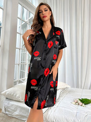 Red Lips Print Nightdress Short Sleeve Sleep Dress Women's Sleepwear