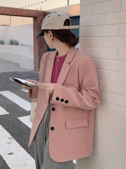 Solid Button Front Blazer Lapel Long Sleeve Blazer for Office & Work