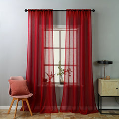 Red Pattern Yarn Curtain Solid Cotton Linen Window Sheer Curtain