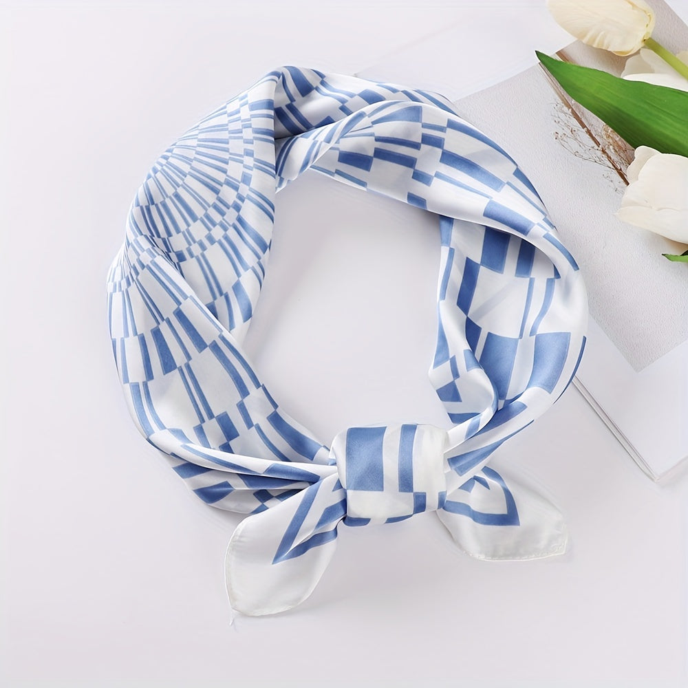 Geometric Plaid Print Satin Square Scarf Bandana Women Head Scarf