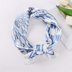 Geometric Plaid Print Satin Square Scarf Bandana Women Head Scarf