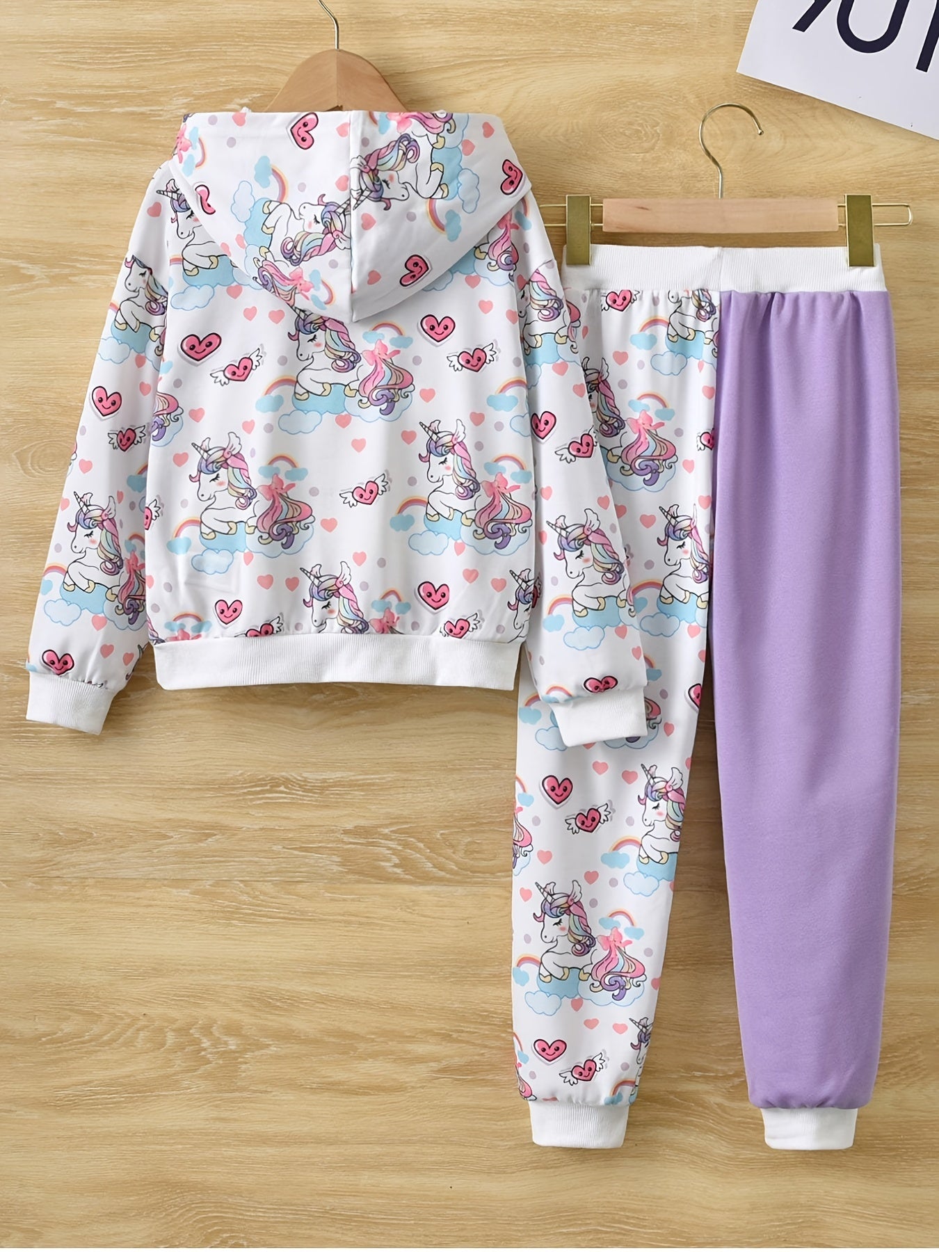 Girl's Unicorn Print Hoodie & Sweatpants Set for Spring Fall