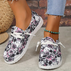 Women's Skull & Flower Print Canvas Shoes Low Top Sneakers Lightweight
