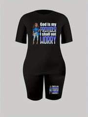 2 Piece Set Women's Plus Slogan & Cartoon Print Top & Shorts Set