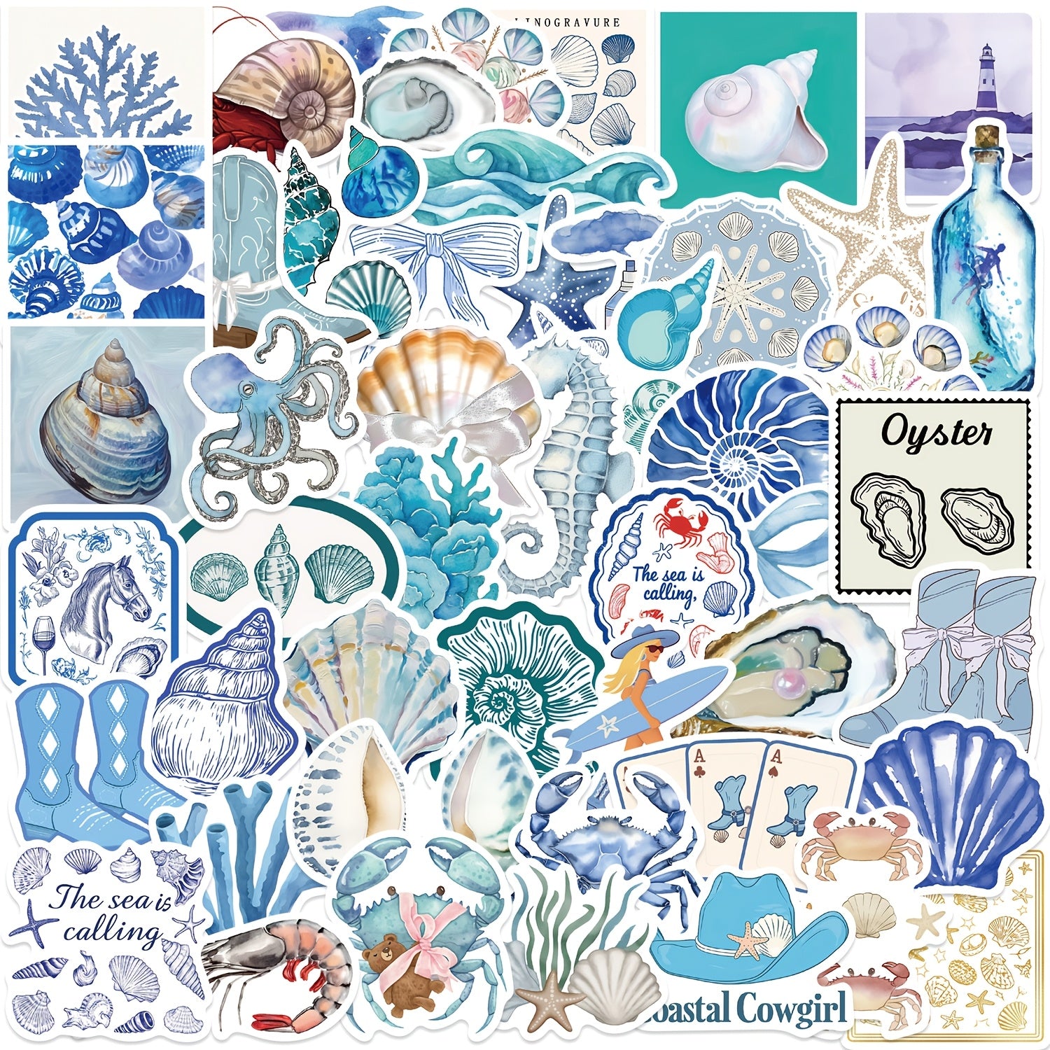 50pcs Coastal Girl Vinyl Stickers - Ocean & Marine Themed Decals