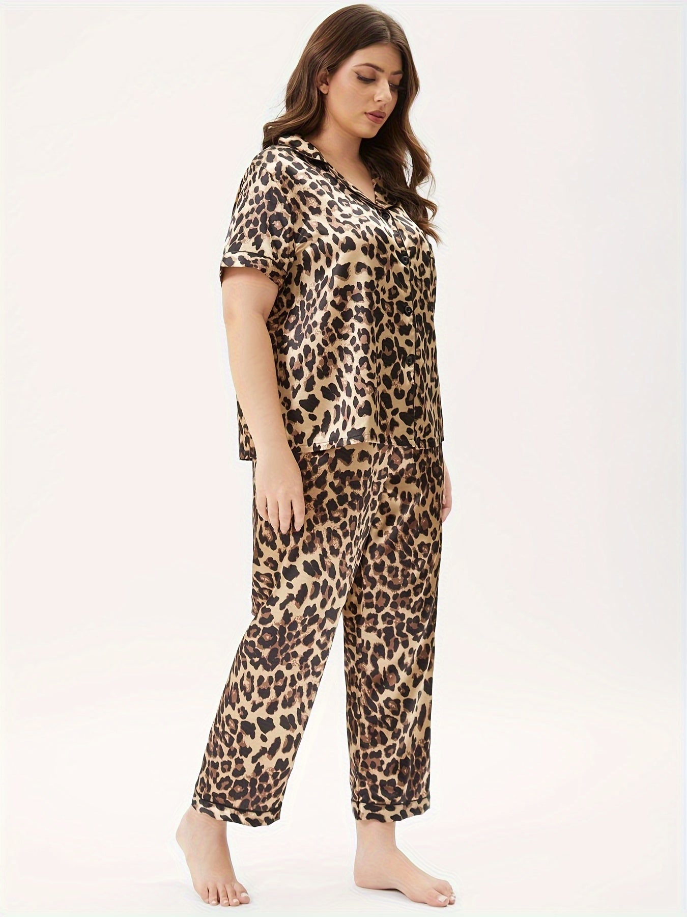 Women's Plus Leopard Print Silk Pajama Set