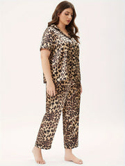 Women's Plus Leopard Print Silk Pajama Set