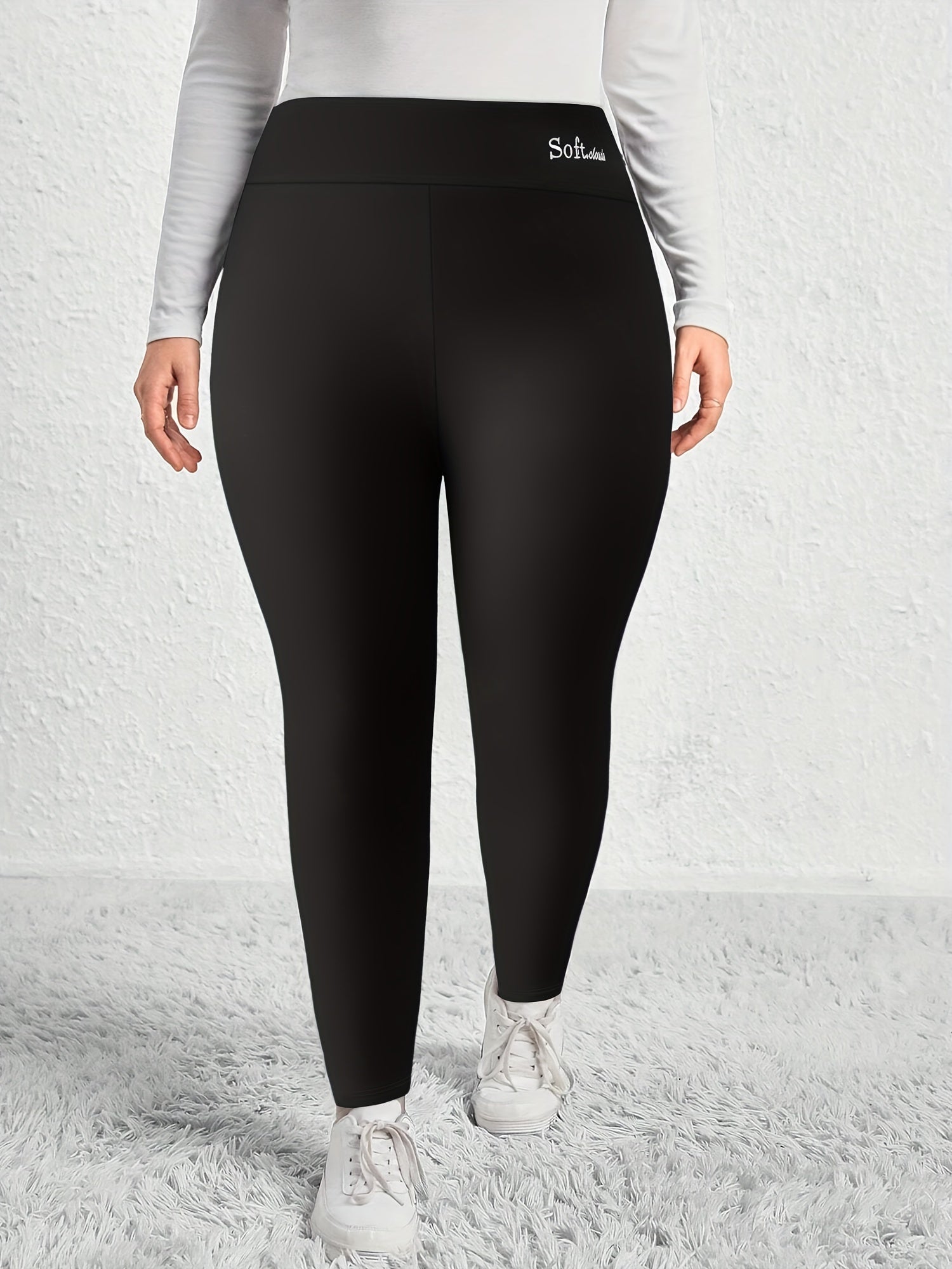 Casual Leggings Women's Plus Letter Print Liner Fleece High Rise