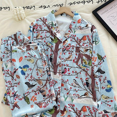 Floral Bird Print Pajama Set Long Sleeve Top & Pants