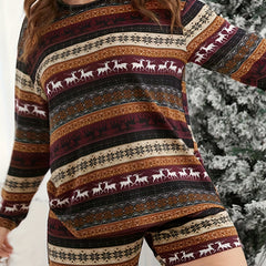 Christmas Lounge Set Elk & Stripe Print Tee & Shorts Pajamas