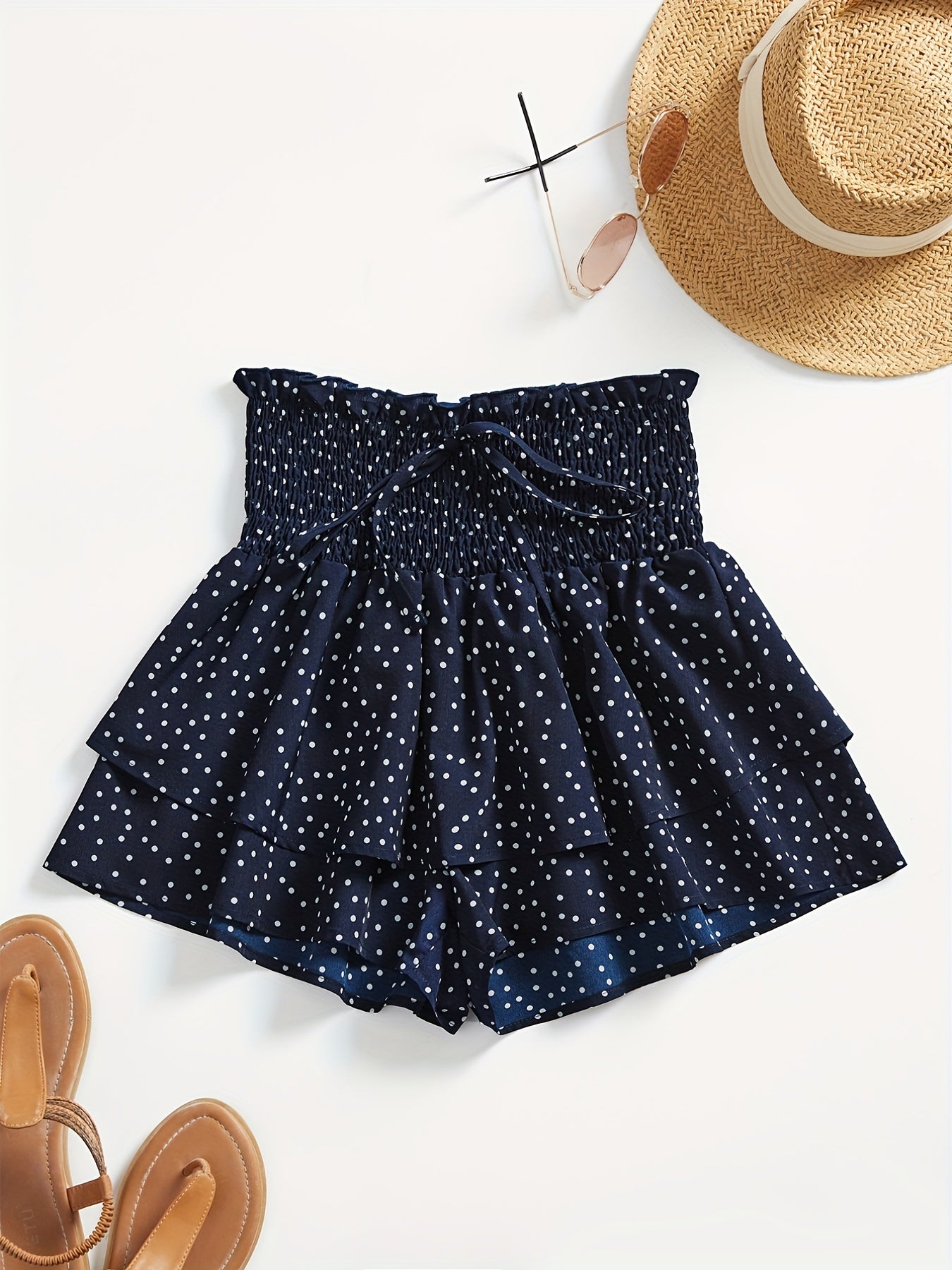 Polka Dot Layered Shorts Ruffle Trim Shirred Waist Shorts