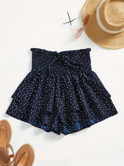 Polka Dot Layered Shorts Ruffle Trim Shirred Waist Shorts