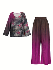 Ombre & Feather Print Tee & Pants Set
