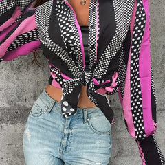 Colorblock Dot Print Button Up Lantern Sleeve Blouse