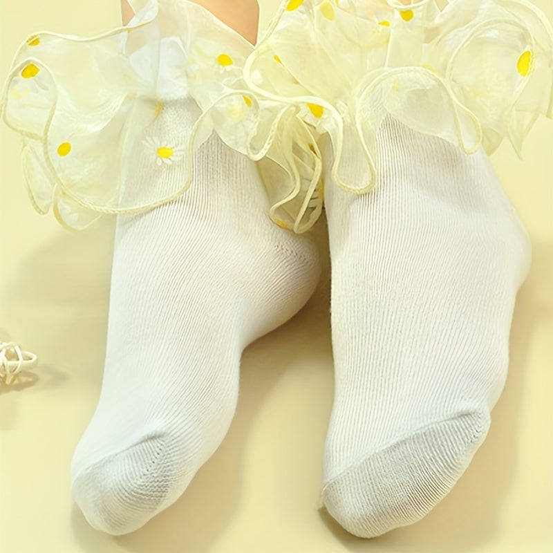 2 Pairs Girls Kids Sun Flower Lace Ruffled Soft Elastic Socks