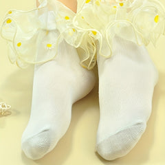 2 Pairs Girls Kids Sun Flower Lace Ruffled Soft Elastic Socks