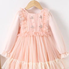 Embroidered Flutter Trim Mesh Dress for Girls