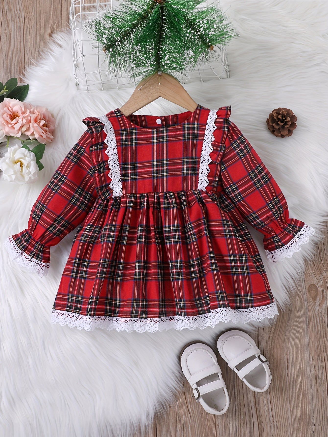 Baby Girl Christmas Plaid Dress Long Sleeve Pleated Casual Dress