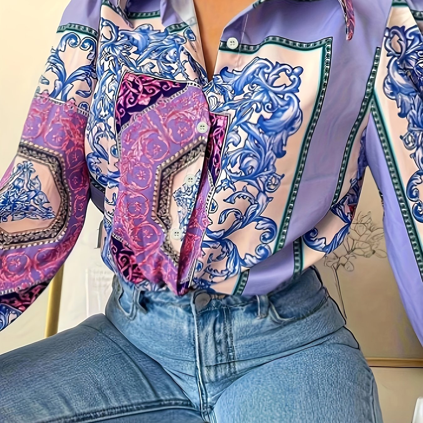 Blouse Women's Plus Paisley Floral Print Long Sleeve Shirt Top