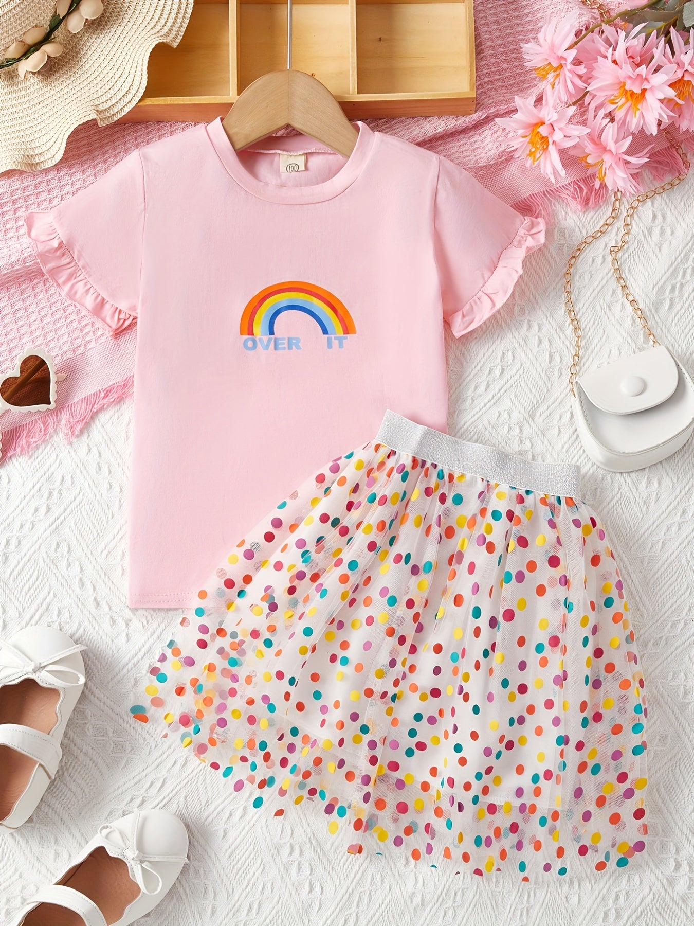 2pcs Girls Rainbow Ruffle Trim T Shirt & Polka Dot Mesh Tutu Skirt Set