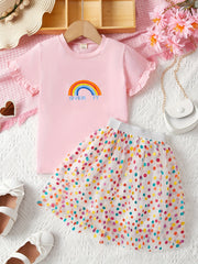 2pcs Girls Rainbow Ruffle Trim T Shirt & Polka Dot Mesh Tutu Skirt Set