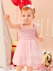 Baby Girls Shirred Mesh Layered Cami Dress With Bows On Shoulder