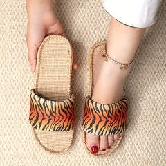 Women's Tiger Pattern Slide Sandals Linen Flat Shoes