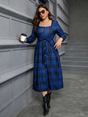 Plaid Print Maxi Dress With Belt