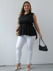 Solid Button Up Turn Down Collar Peplum Vest Top