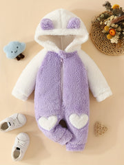 Baby Girls Fur Love Embroidered Jumpsuit Hooded Long Sleeve Bodysuit
