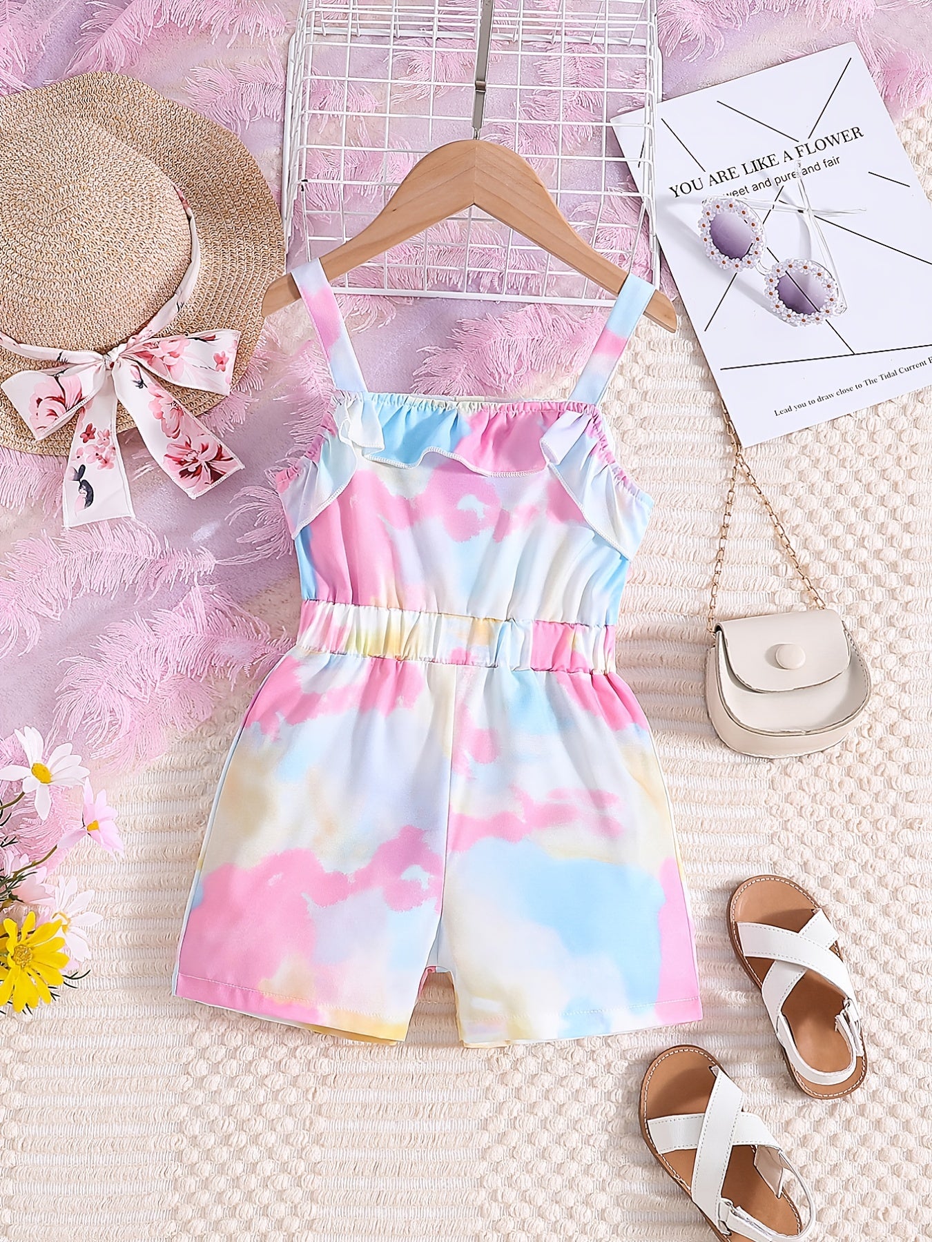 Toddler Girls Tie Dye Ruffle Trim Cami Romper
