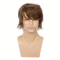 European American Men's Wig Golden Curly Hair 12 Inch