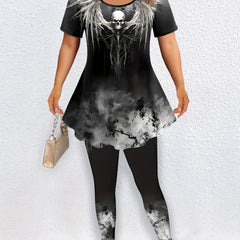 Women's Plus Size Skull Print Tie Dye Tunic Top & Leggings Set
