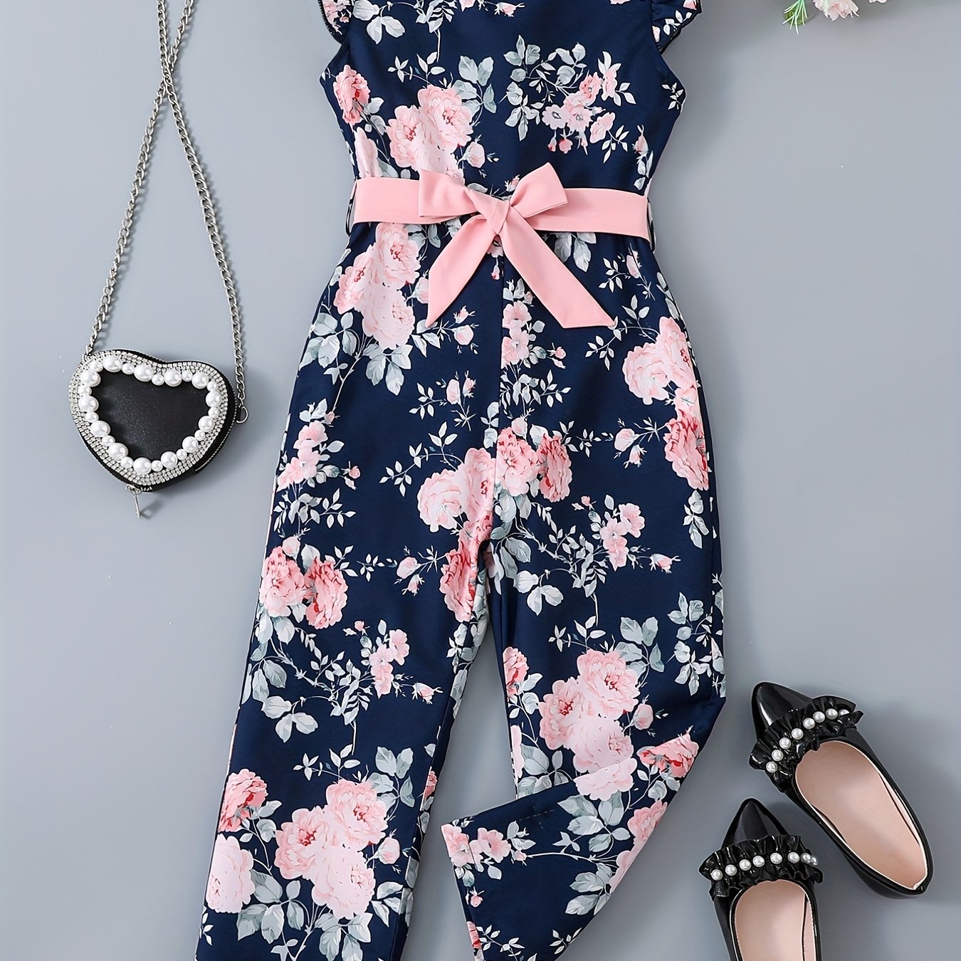 Toddler Girls Flowers Flutter Sleeve Rompers Wide Leg Jumpsuits