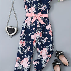 Toddler Girls Flowers Flutter Sleeve Rompers Wide Leg Jumpsuits