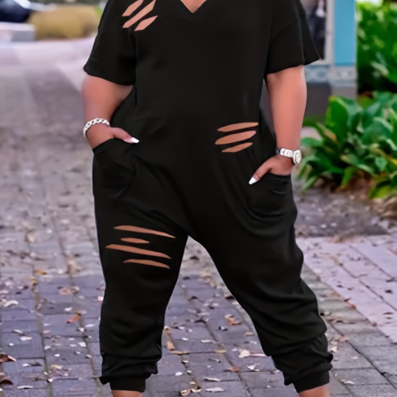 Women's Plus Solid Cut Out Short Sleeve V Neck Jumpsuit