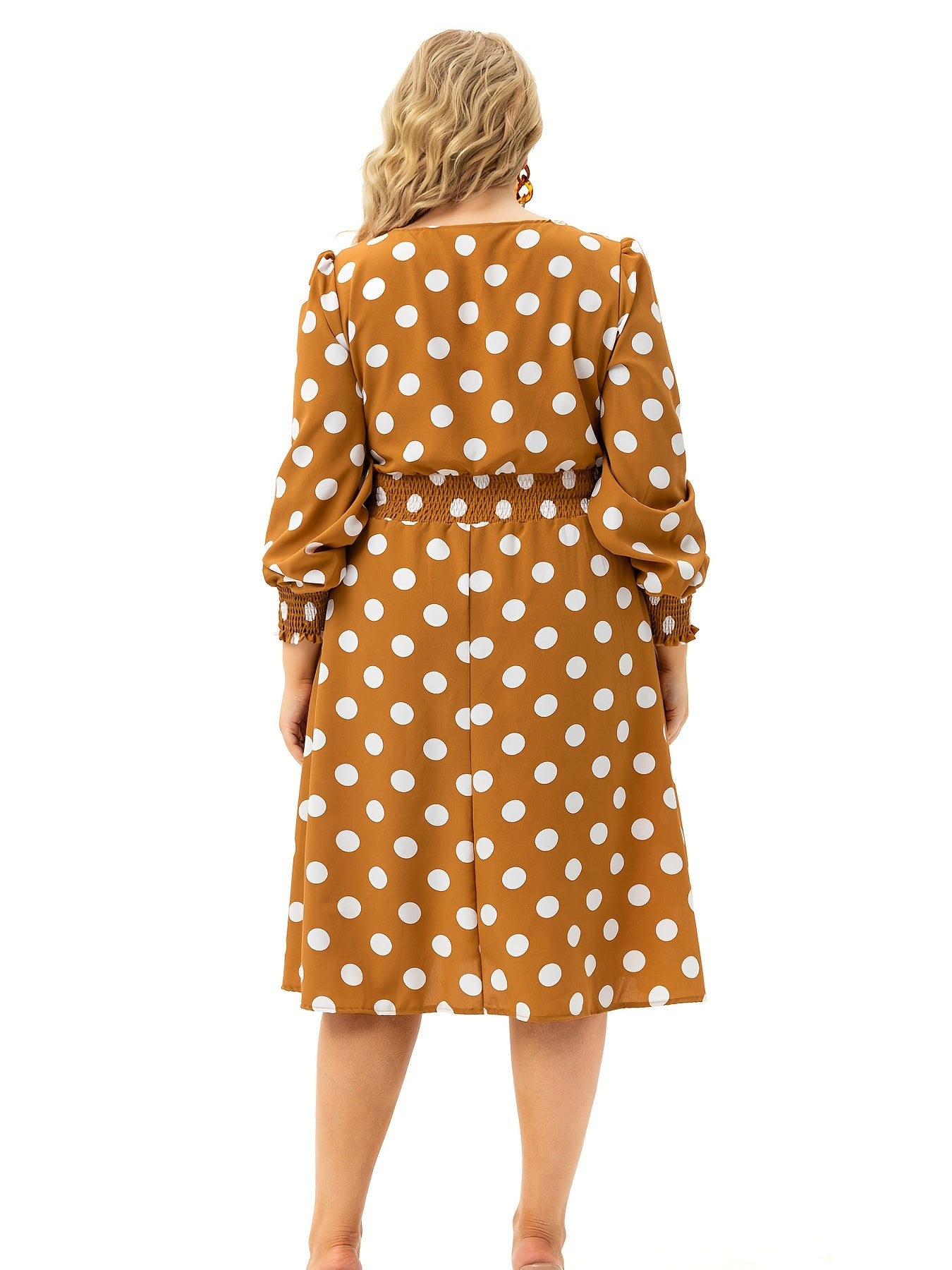 Dot Print Long Lantern Sleeve Midi Dress Women's Plus Round Neck Dress
