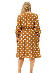 Dot Print Long Lantern Sleeve Midi Dress Women's Plus Round Neck Dress
