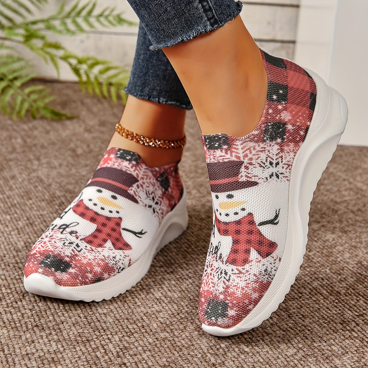 Christmas Snowman Woven Sneakers for Women