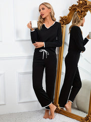 Colorblock Lounge Set V Neck Top & Lace Up Pants Women's Loungewear