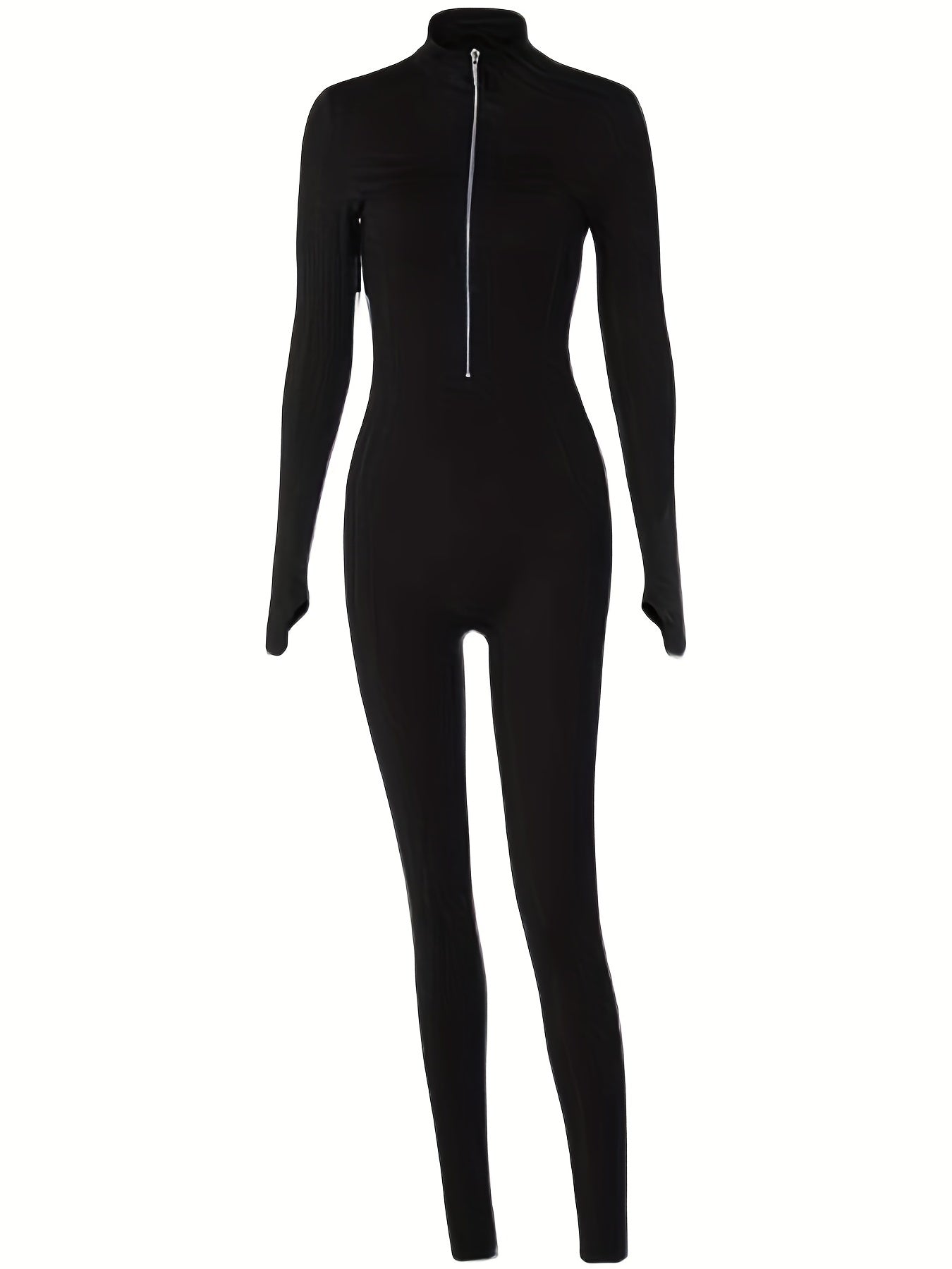 Solid Long Sleeve Bodycon Jumpsuit Thumb Hole Zipper
