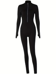 Solid Long Sleeve Bodycon Jumpsuit Thumb Hole Zipper