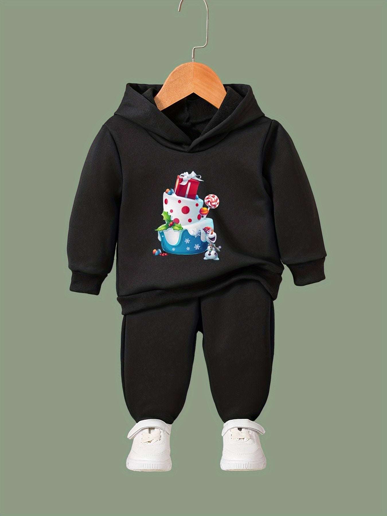 Girls Cartoon Cake Hooded Sweatshirt Set Long Sleeve Solid Sweatpants