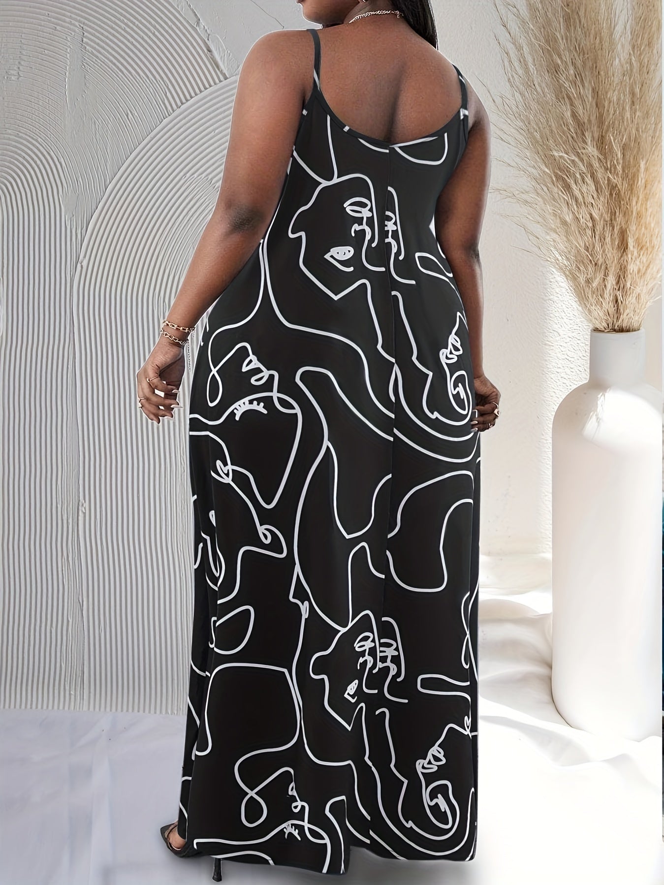 Casual Plus Abstract Figure Print Round Neck Maxi Cami Dress