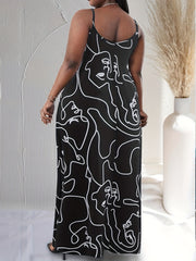 Casual Plus Abstract Figure Print Round Neck Maxi Cami Dress
