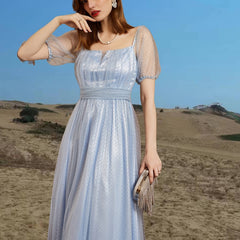 Mesh Short Sleeve Dress Square Neck Bridesmaid Party Guest Evening Gown Dress