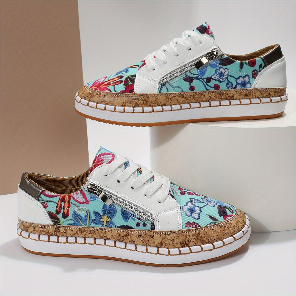 Women's Floral Print Flat Sneakers Lace Up Zipper Outdoor Shoes