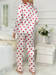 Heart Print Satin Pajamas Set Cute Long Sleeve Top & Pants Women's Loungewear